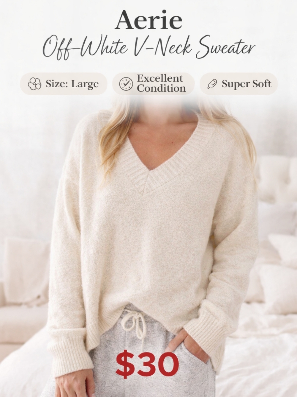 Aerie Off-White V-Neck Sweater